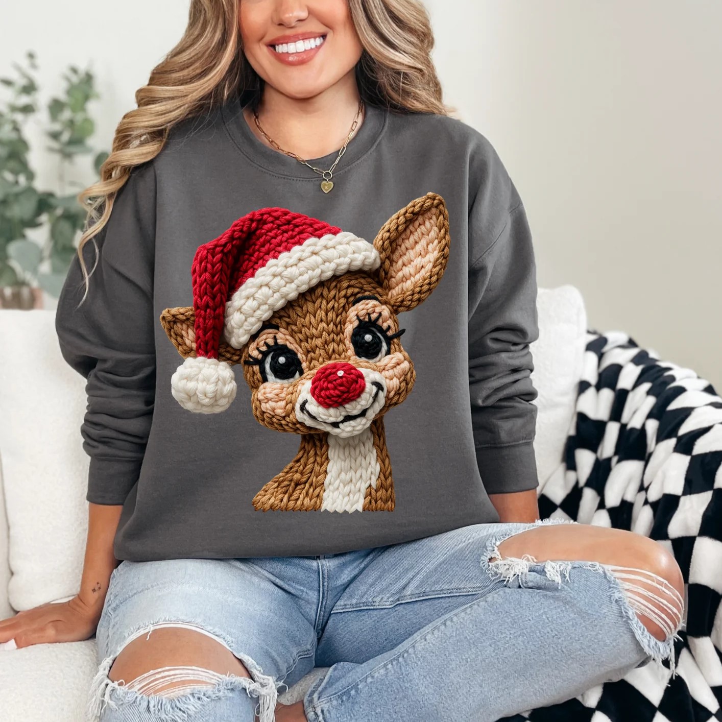 Red-Nosed Reindeer Santa Hat Print Christmas Sweatshirt