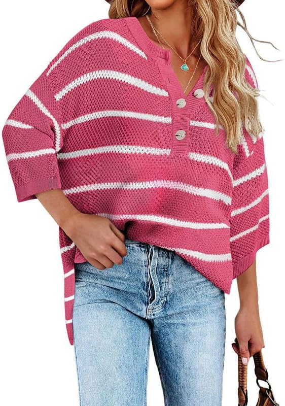 Women's Striped Button Down V Neck 3/4 Sleeve Lightweight Knit Pullover