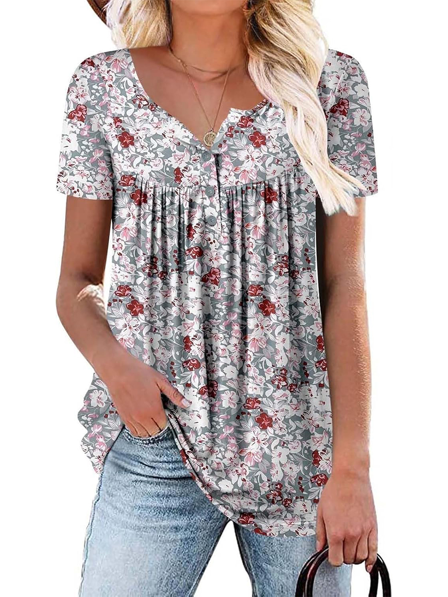 Women's Printed Botton Down Pleated Short Sleeve Shirts Tunic Tops