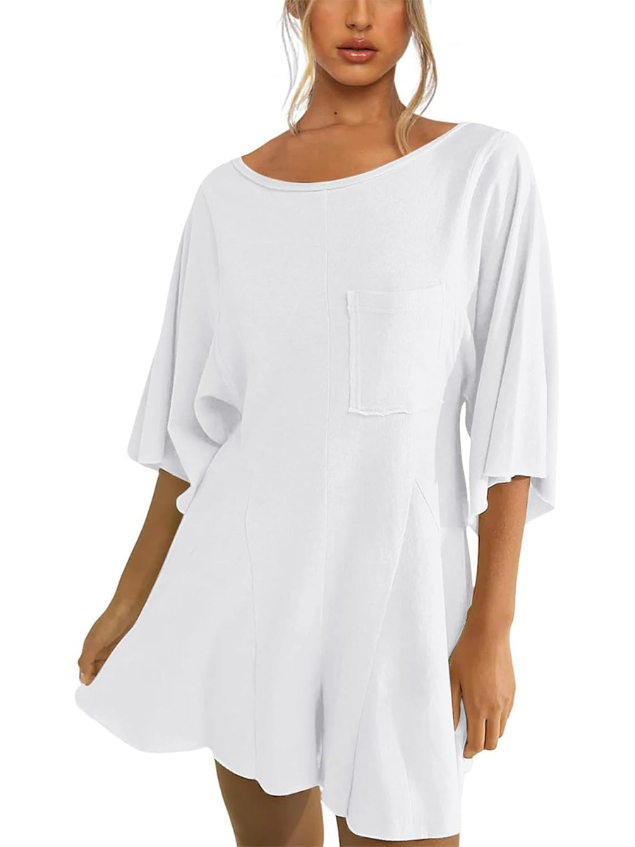 Women's Short Sleeve Loose Ruffled Short Romper Dress with Pocket