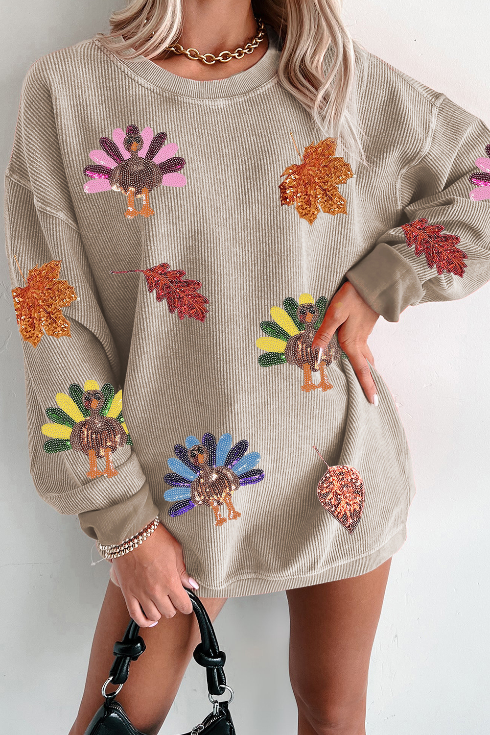 Women's Corded Ribbed Crewneck Turkey Graphic Sweatshirt