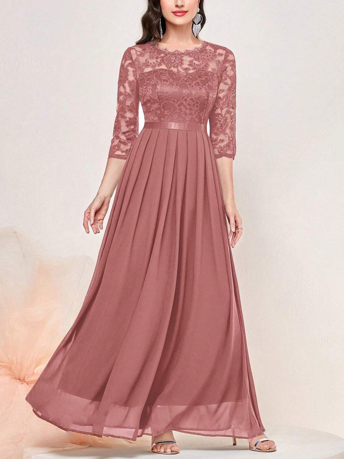 Floral Lace 3/4 Sleeve Bodice Ribbon Pleated Party Maxi Dress