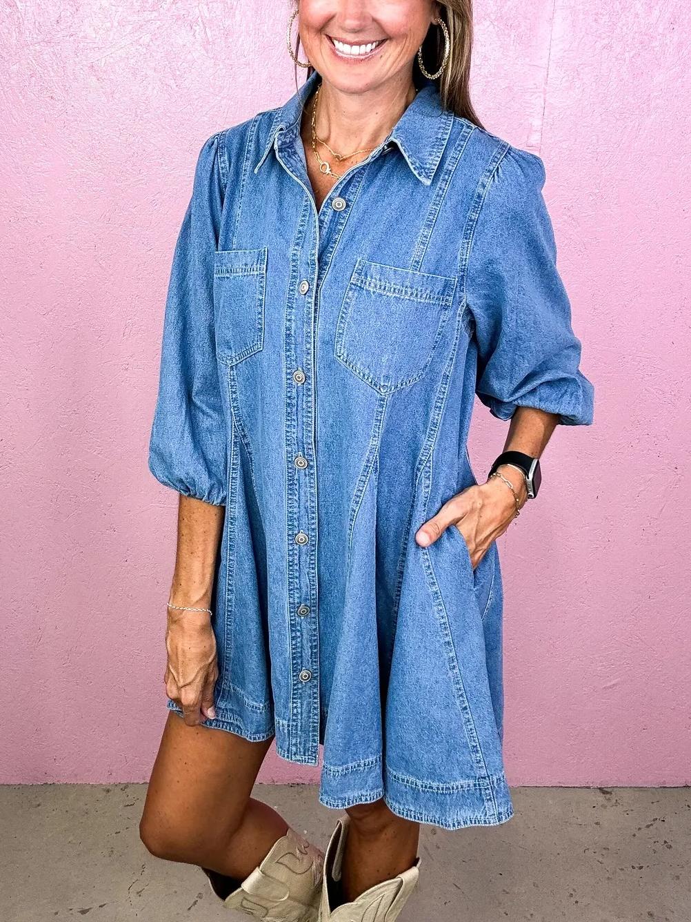 Women's Flowy Button Down Flirty Denim Dress