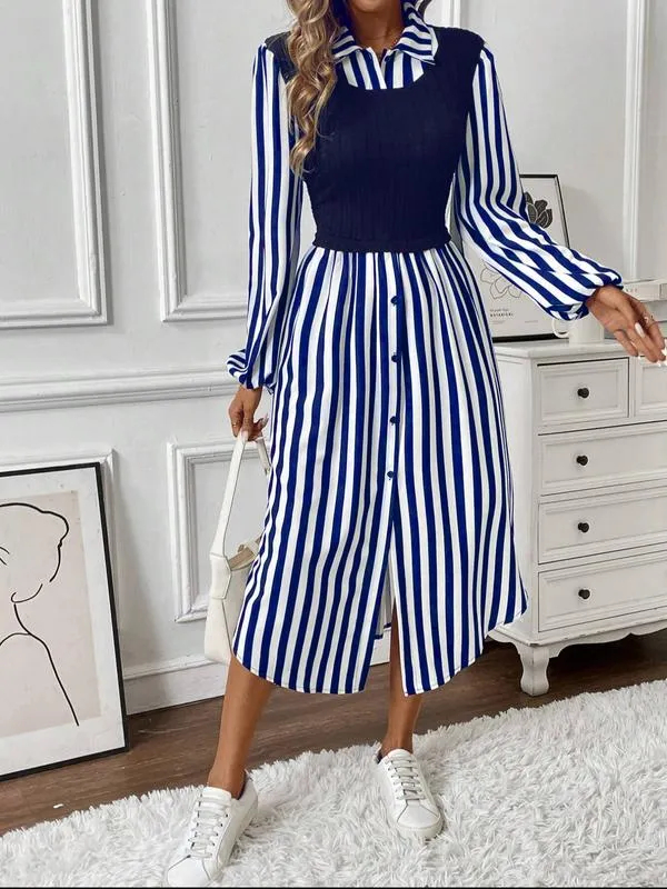 HOT SALE Women's Long Sleeve Striped Button Front Shirt Dress