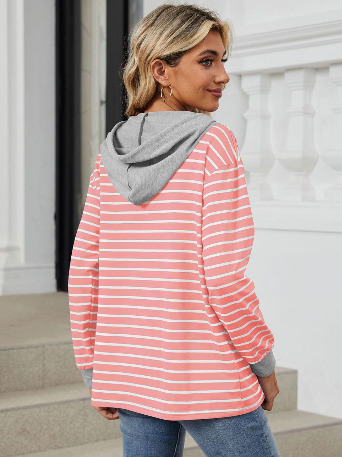 Womens Striped Hoodies Jumper Drawstring Tops