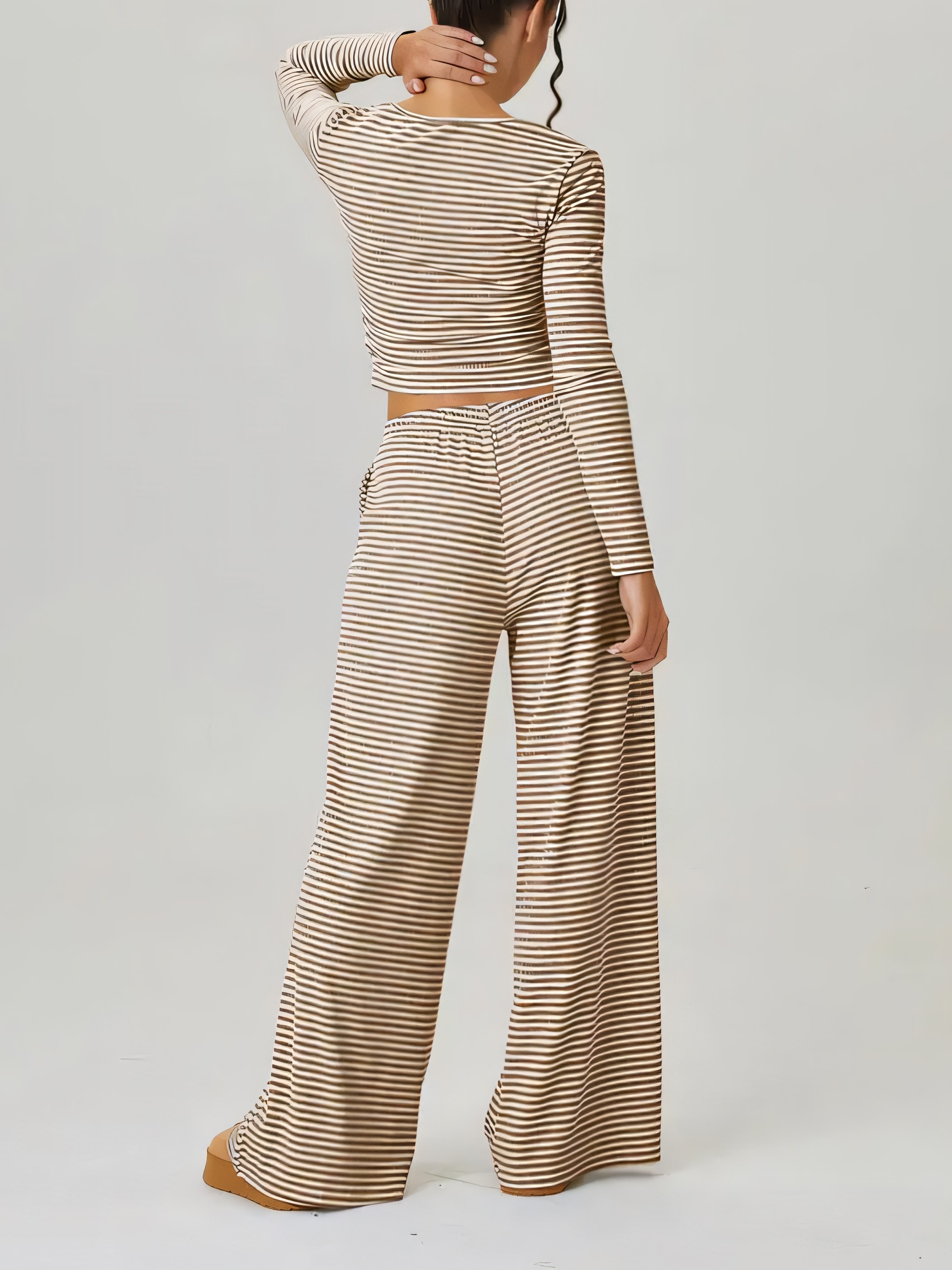 Women's Striped Square Neck Long Sleeve Top & Drawstring Pants Set