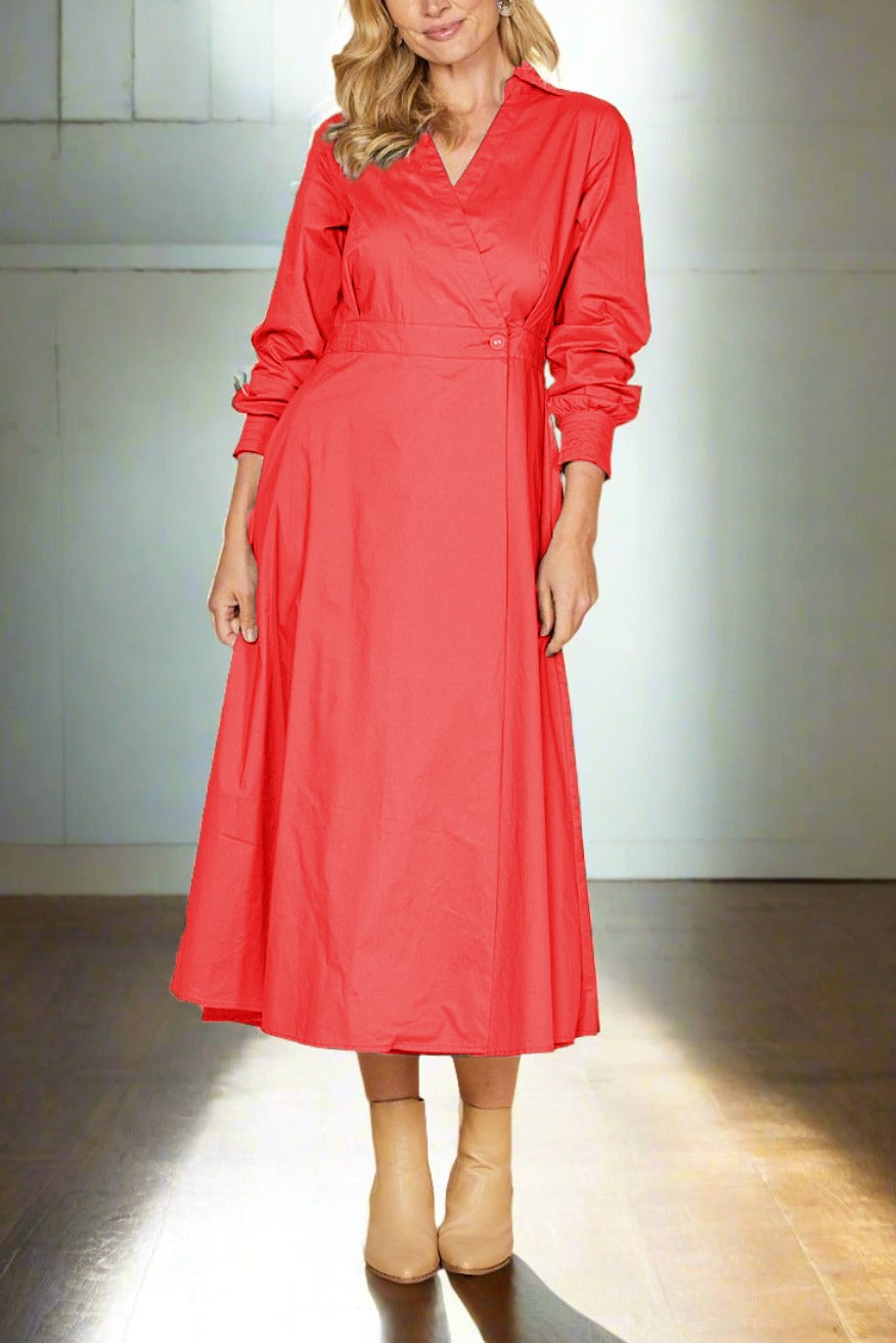 Cross V-neck Long Seeve Buckle Waist Midi Dress