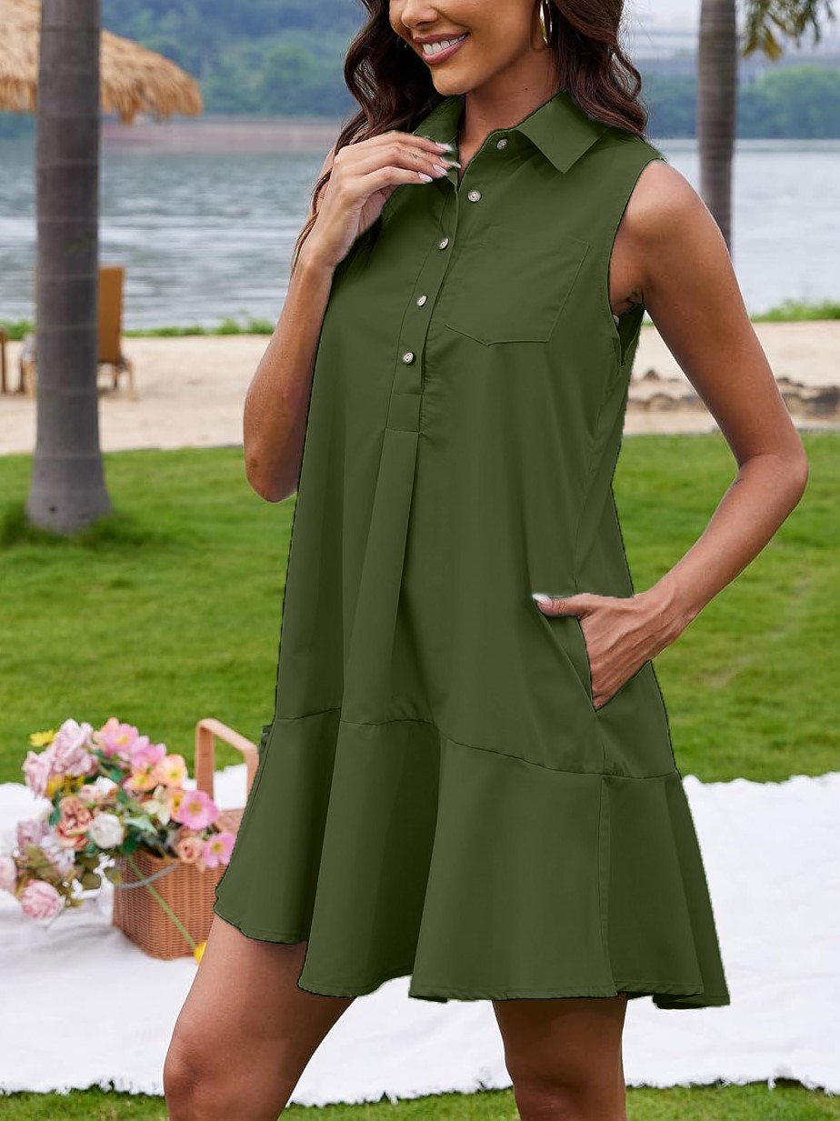 Women's Sleeveless Button Shirt Dress with Pockets