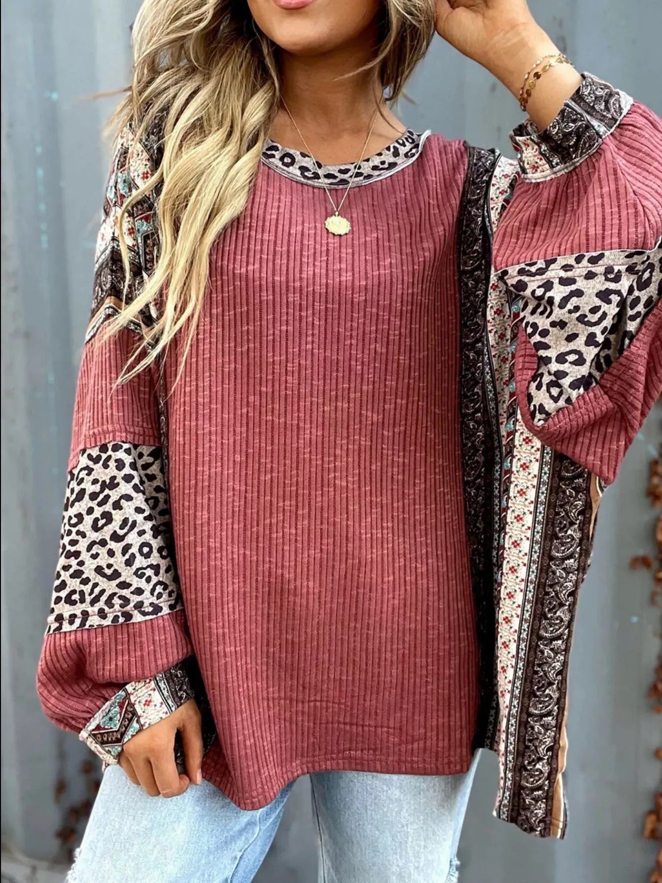 Women's Boho Leopard Patchwork Ribbed Long Sleeve Top