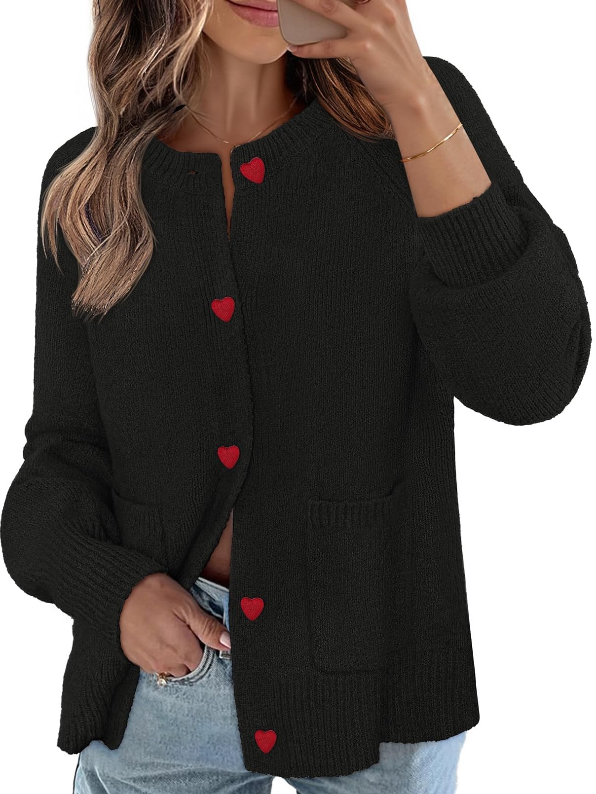 Women's Chunky Knit Cute Heart Button Cardigan Sweater