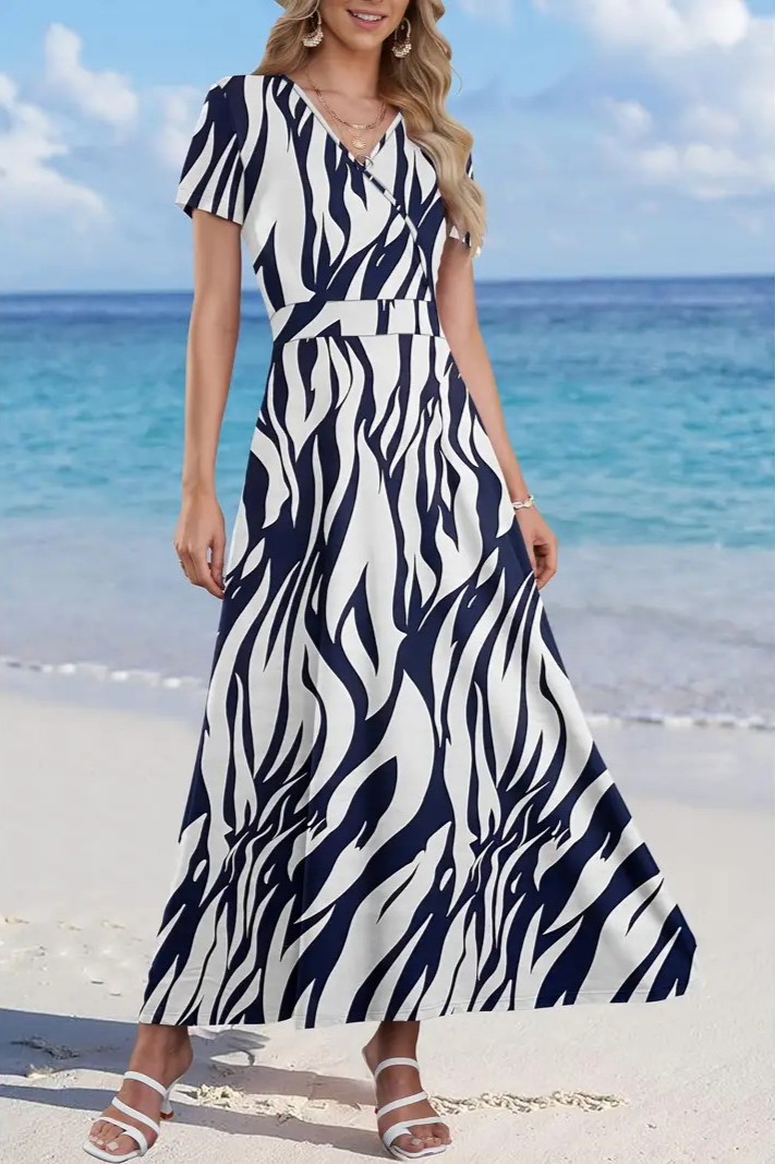 Women's V Neck Floral Print Beach Long Flowy Dress with Pockets