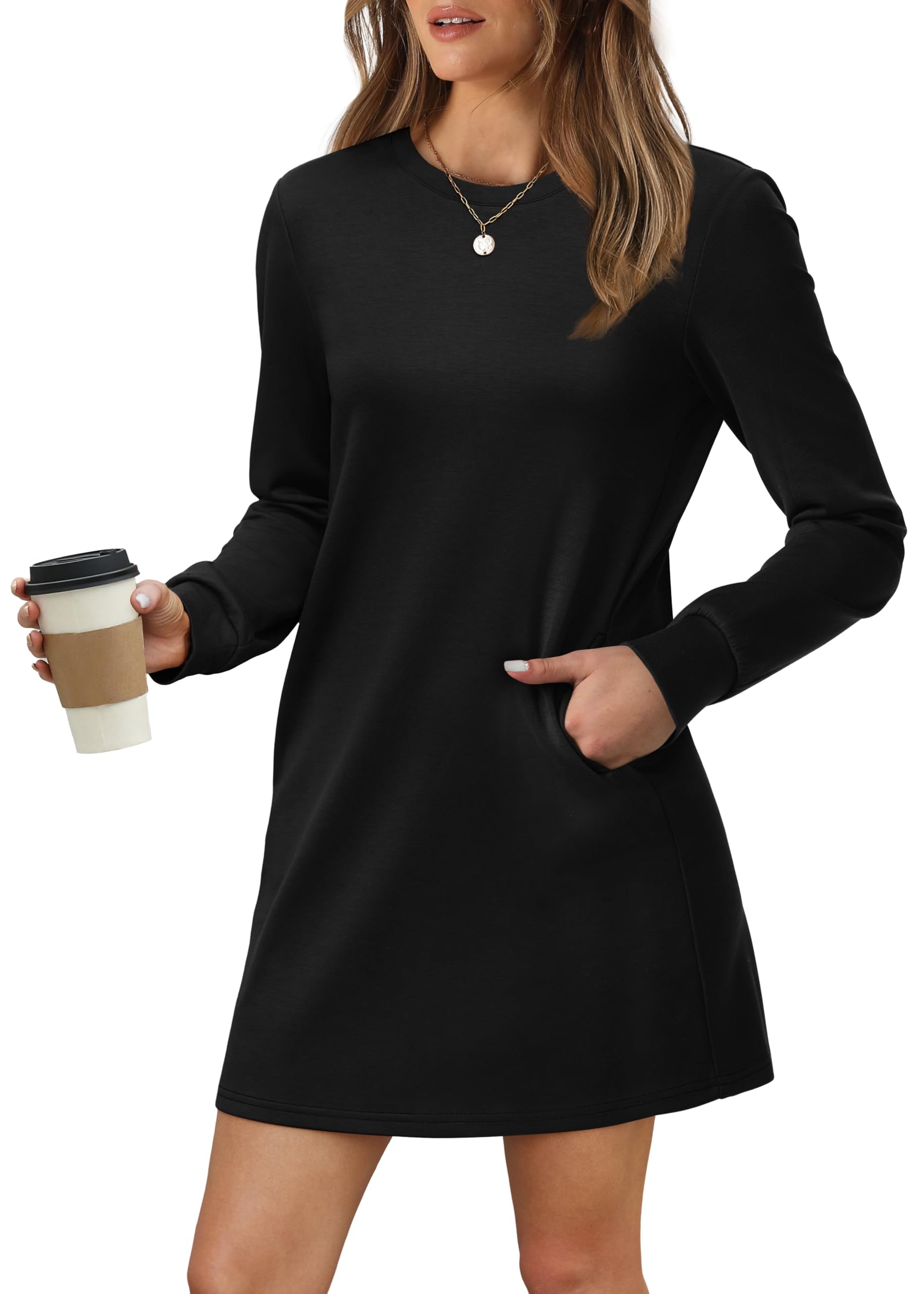 Women Long Sleeve Casual Loose Fit Fall Fashion Crewneck Mini Dress with Pockets