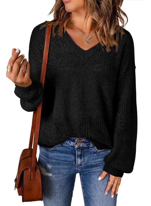 Womens Casual Long Sleeve V Neck Lightweight Crochet Pullover Sweater