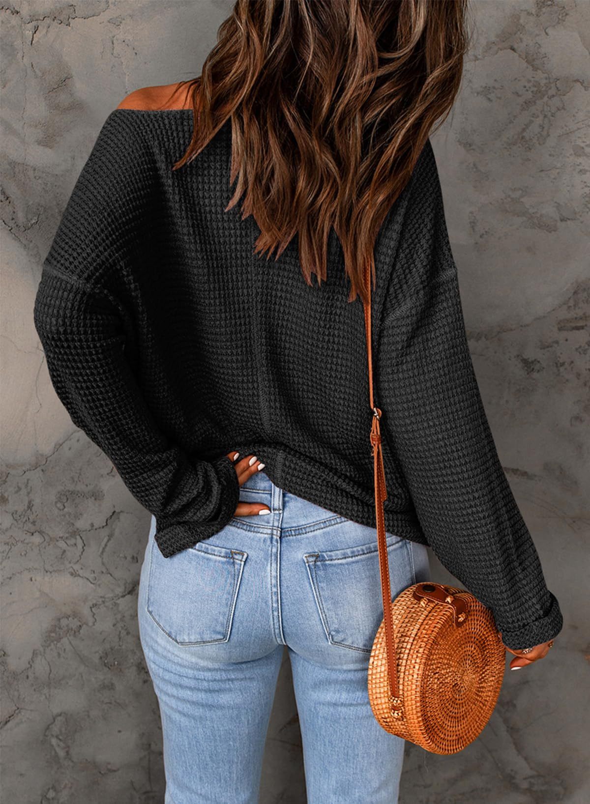 Casual Notched Neck Drop Shoulder Waffle Knit Top