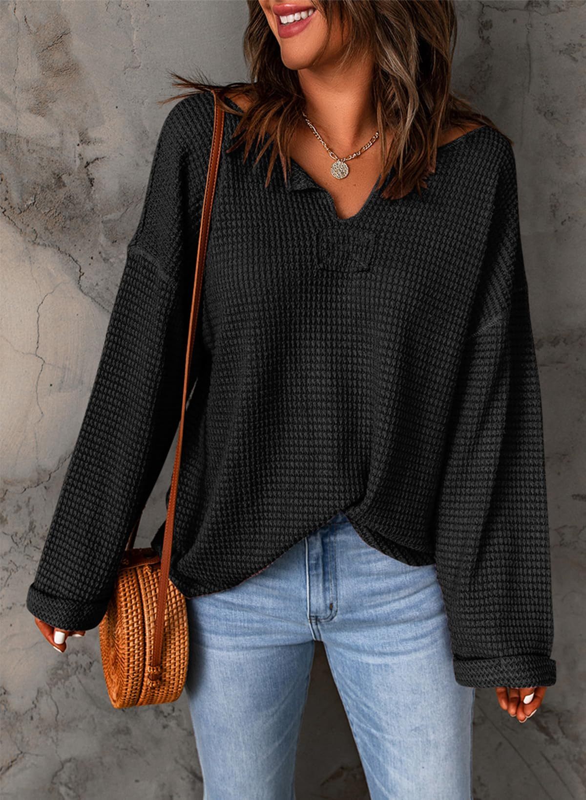 Casual Notched Neck Drop Shoulder Waffle Knit Top