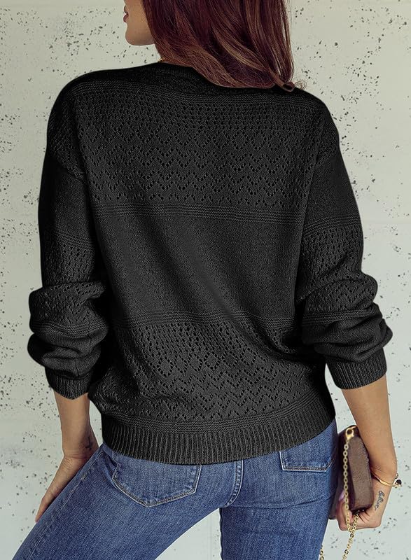 Womens Casual Long Sleeve V Neck Lightweight Crochet Pullover Sweater