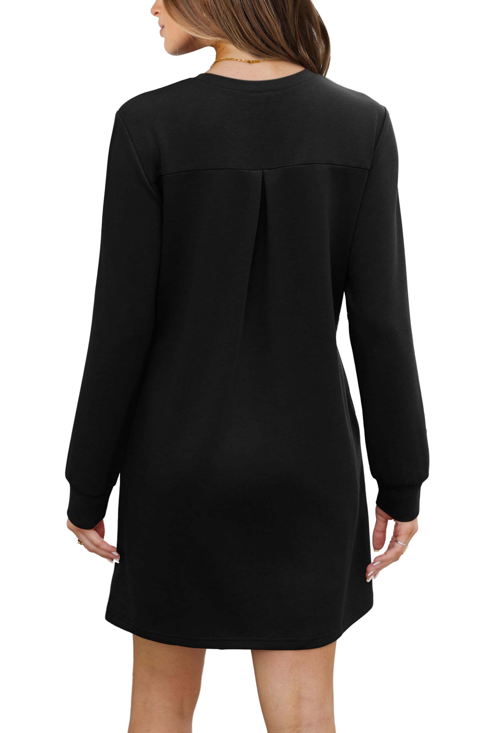 Women Long Sleeve Casual Loose Fit Fall Fashion Crewneck Mini Dress with Pockets