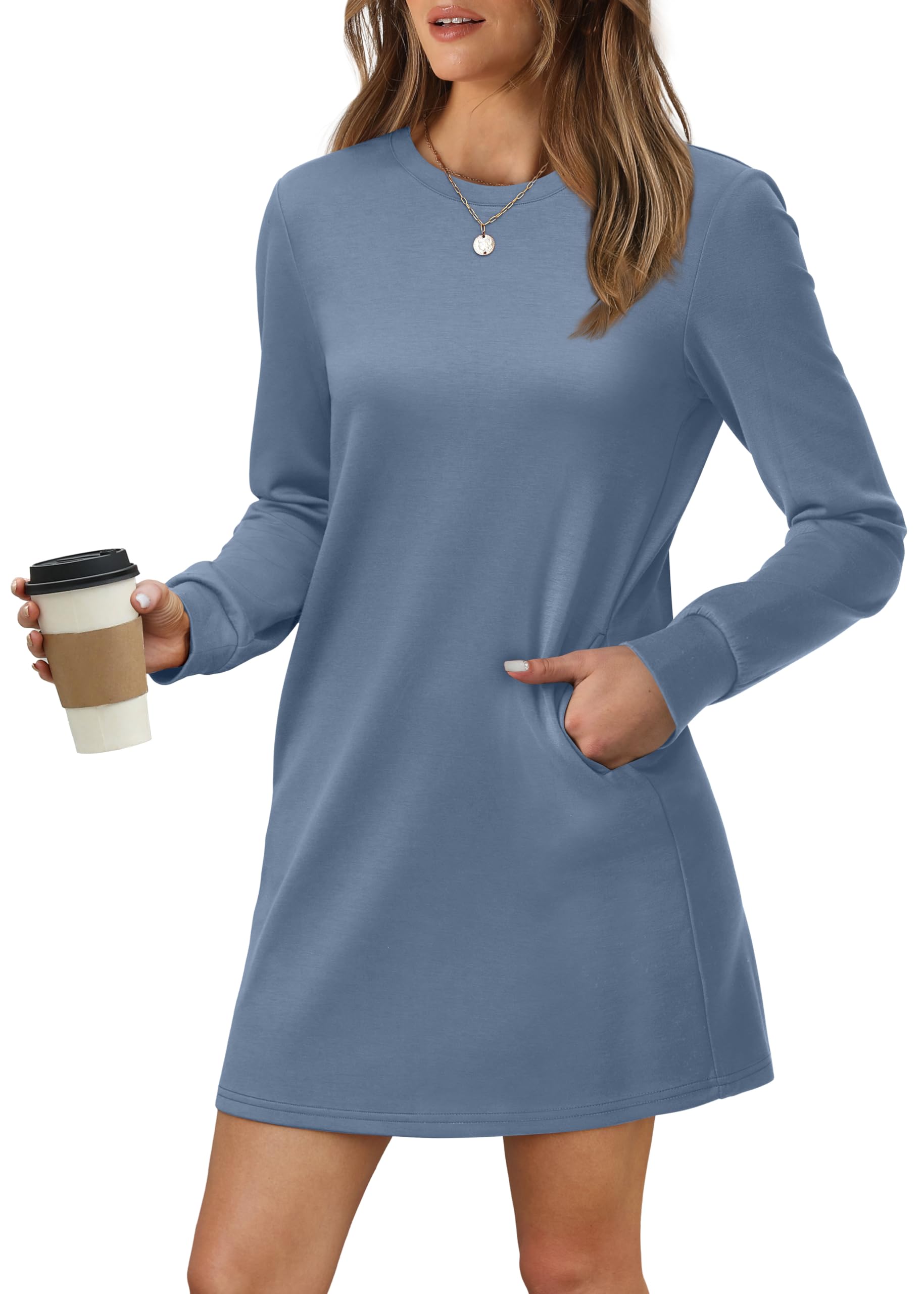 Women Long Sleeve Casual Loose Fit Fall Fashion Crewneck Mini Dress with Pockets