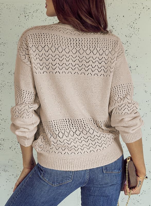 Womens Casual Long Sleeve V Neck Lightweight Crochet Pullover Sweater