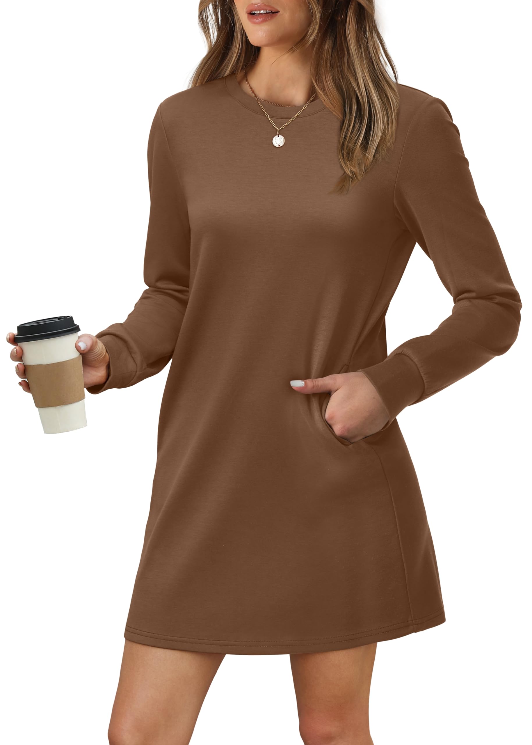 Women Long Sleeve Casual Loose Fit Fall Fashion Crewneck Mini Dress with Pockets