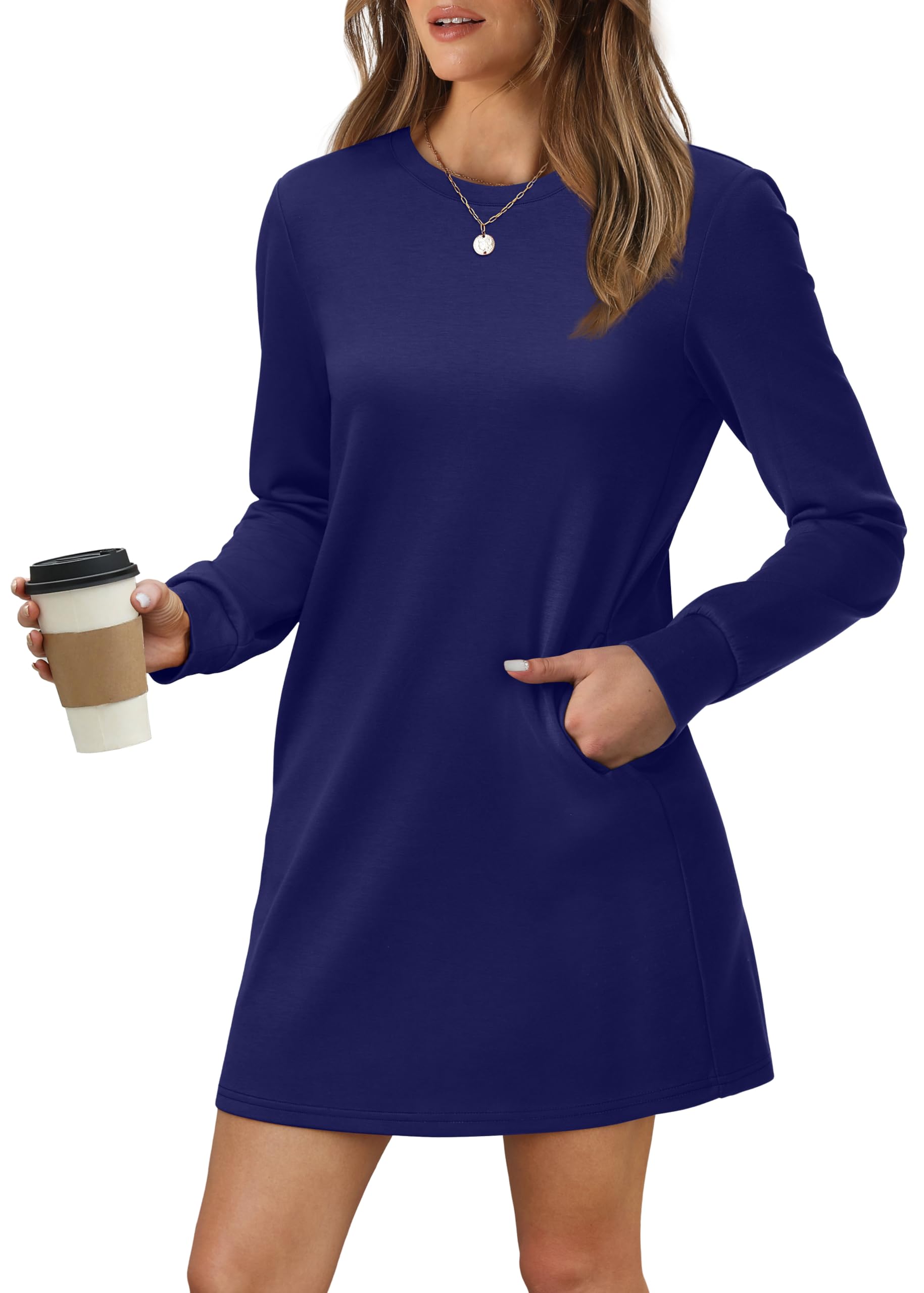 Women Long Sleeve Casual Loose Fit Fall Fashion Crewneck Mini Dress with Pockets