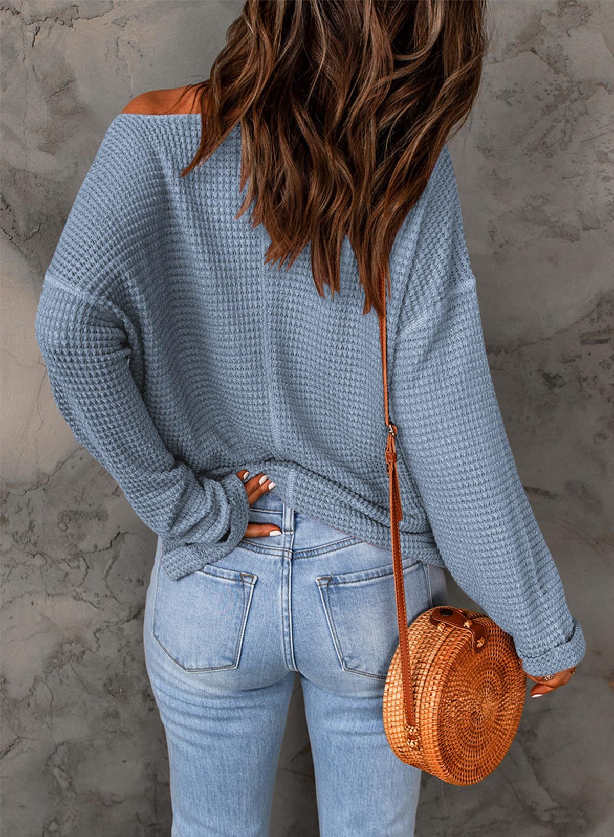 Casual Notched Neck Drop Shoulder Waffle Knit Top