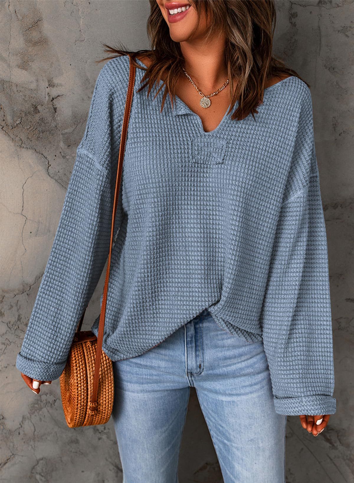 Casual Notched Neck Drop Shoulder Waffle Knit Top