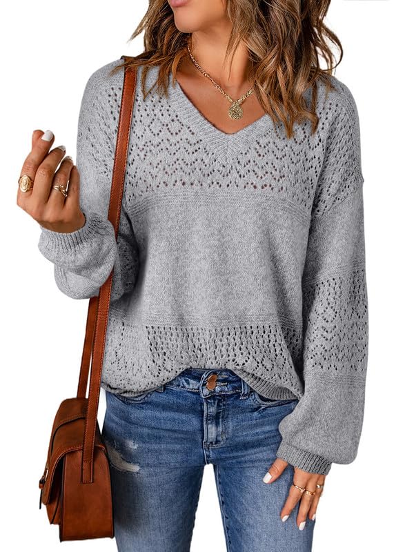 Womens Casual Long Sleeve V Neck Lightweight Crochet Pullover Sweater