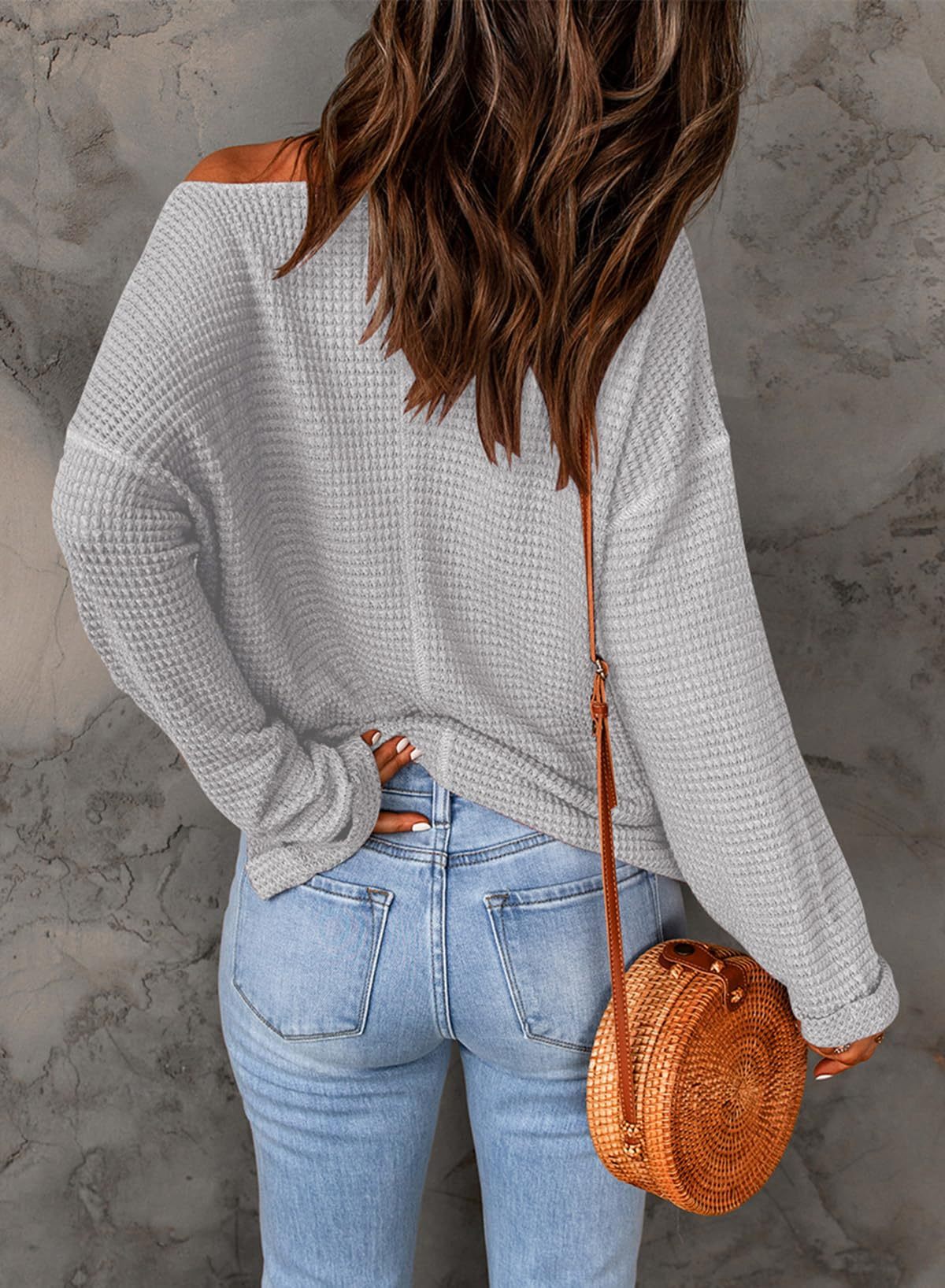 Casual Notched Neck Drop Shoulder Waffle Knit Top