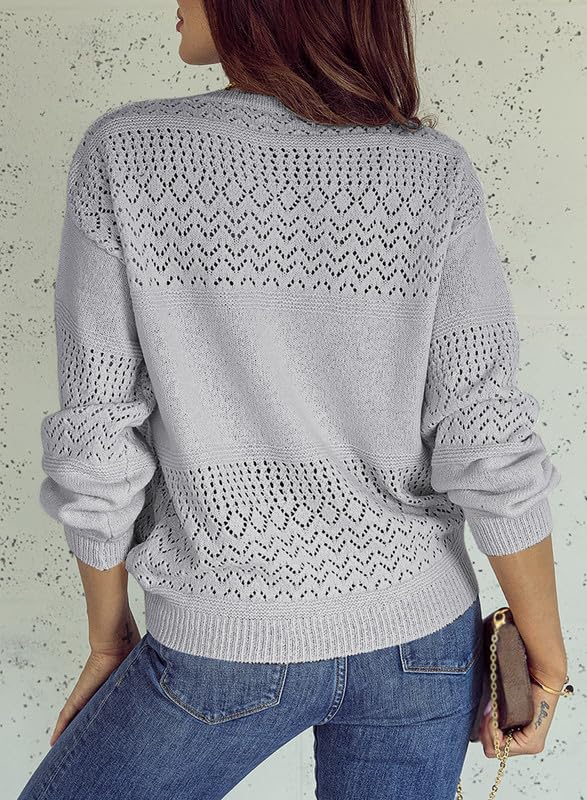 Womens Casual Long Sleeve V Neck Lightweight Crochet Pullover Sweater