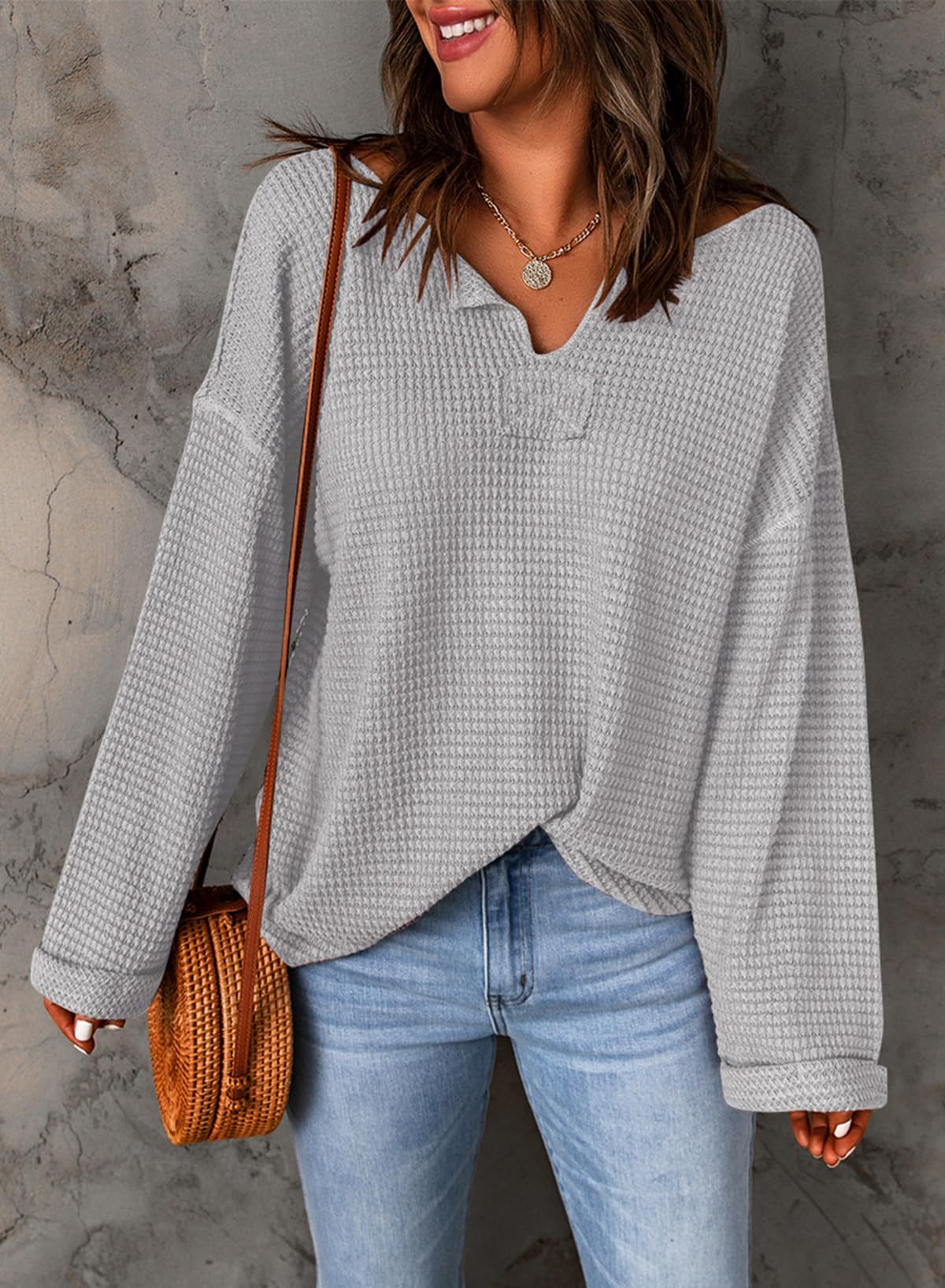 Casual Notched Neck Drop Shoulder Waffle Knit Top