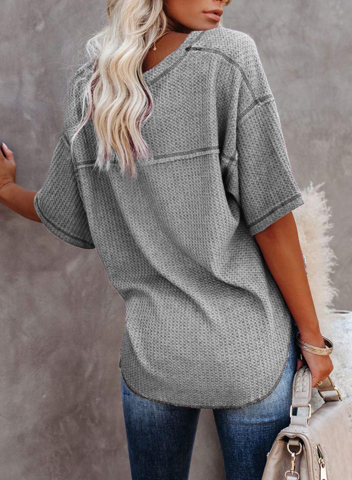 2025 New Women's Causual V Neck Short Sleeve Shirts Waffle Knit Loose Tunic Tops(buy 3 free shipping)