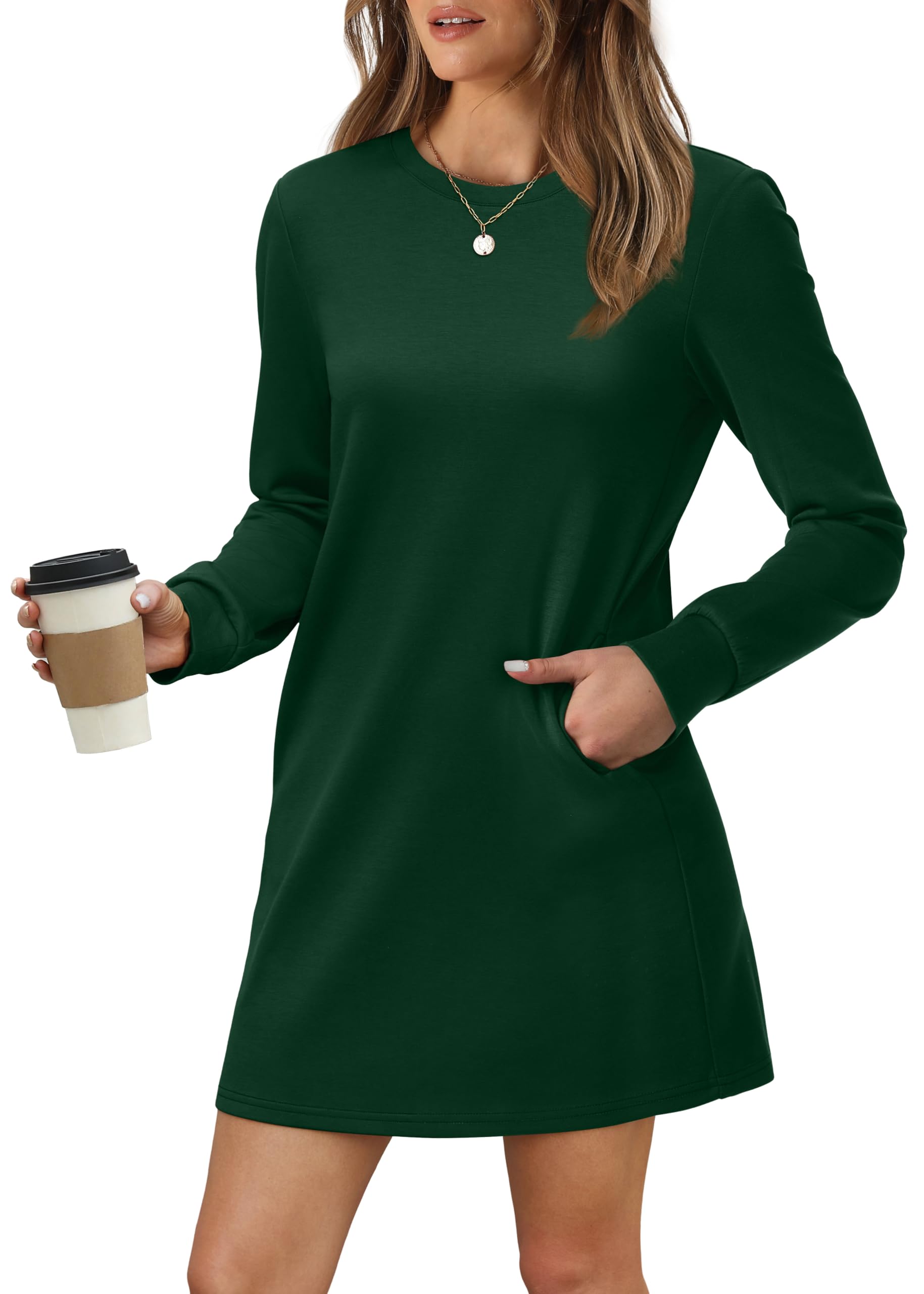 Women Long Sleeve Casual Loose Fit Fall Fashion Crewneck Mini Dress with Pockets