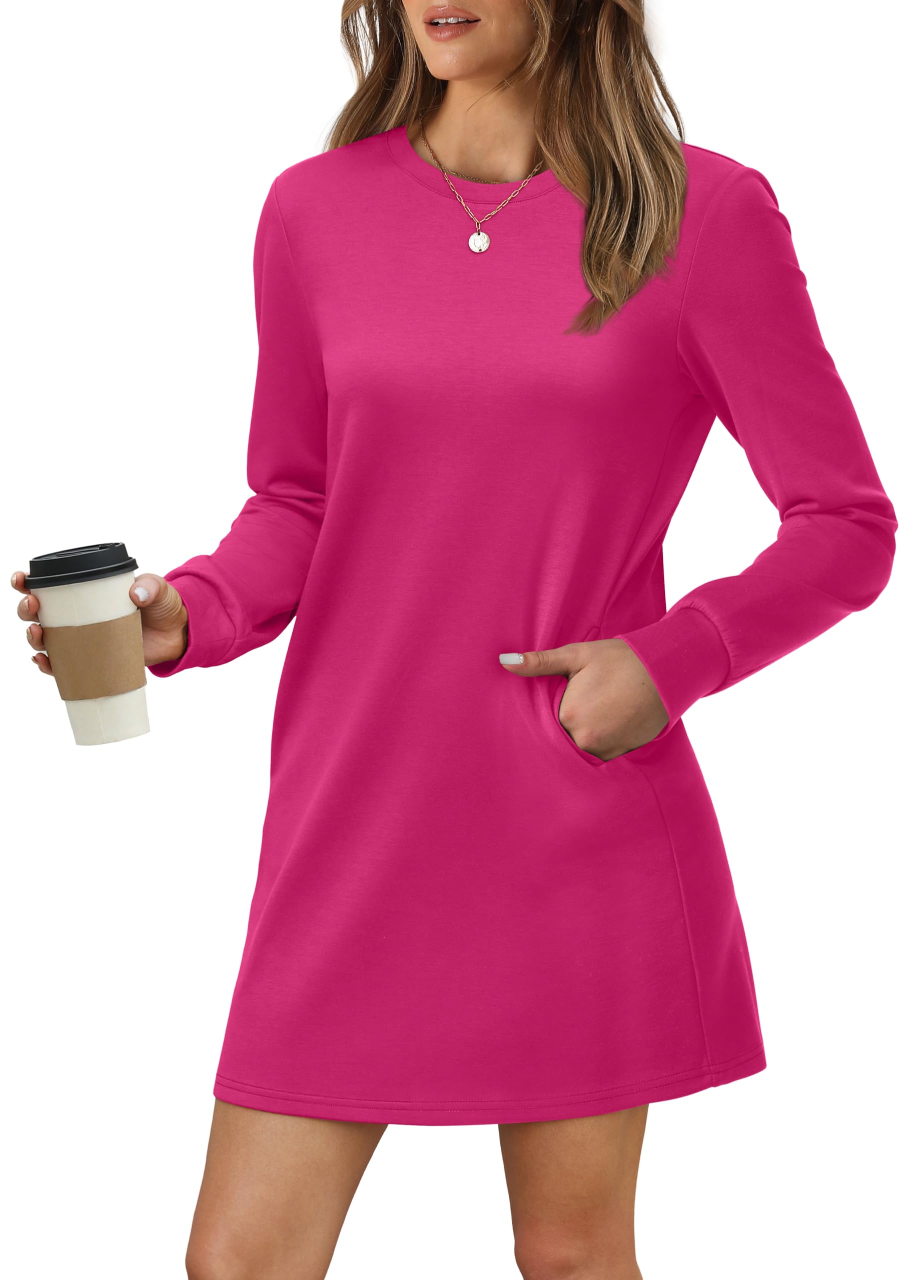 Women Long Sleeve Casual Loose Fit Fall Fashion Crewneck Mini Dress with Pockets
