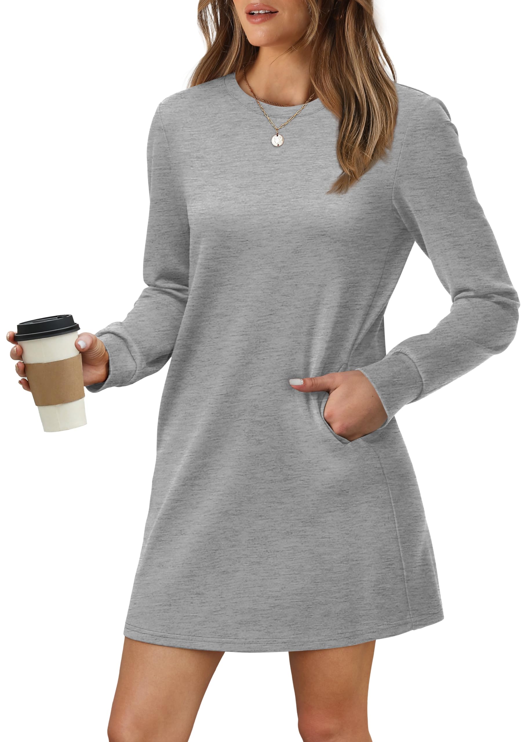 Women Long Sleeve Casual Loose Fit Fall Fashion Crewneck Mini Dress with Pockets