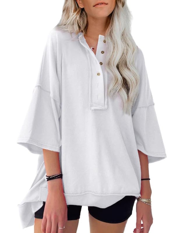 NEW🔥 Women's  Oversized T Shirts Casual Short Sleeve Henley Neck Tees(BUY 2 FREE SHIPPING)