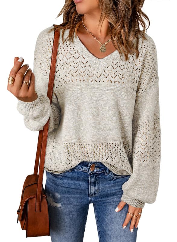 Womens Casual Long Sleeve V Neck Lightweight Crochet Pullover Sweater