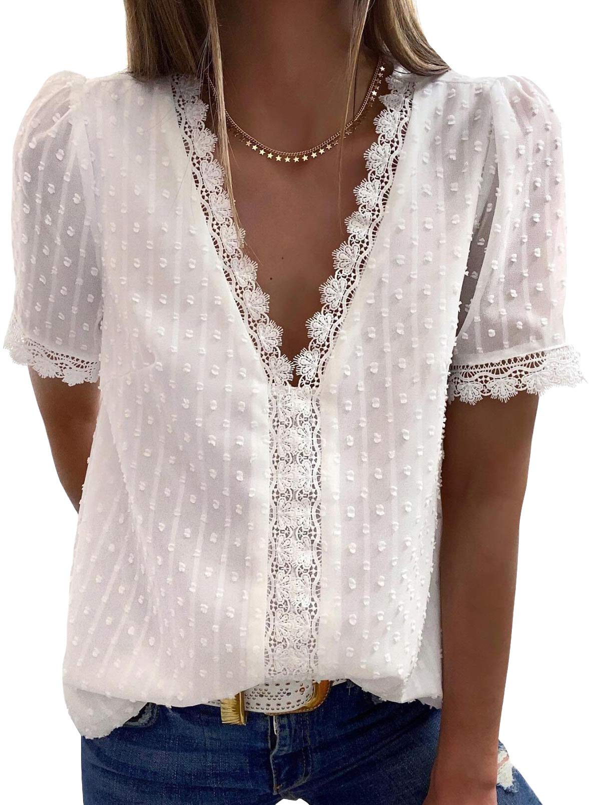 Women's V Neck Lace Crochet Tunic Tops