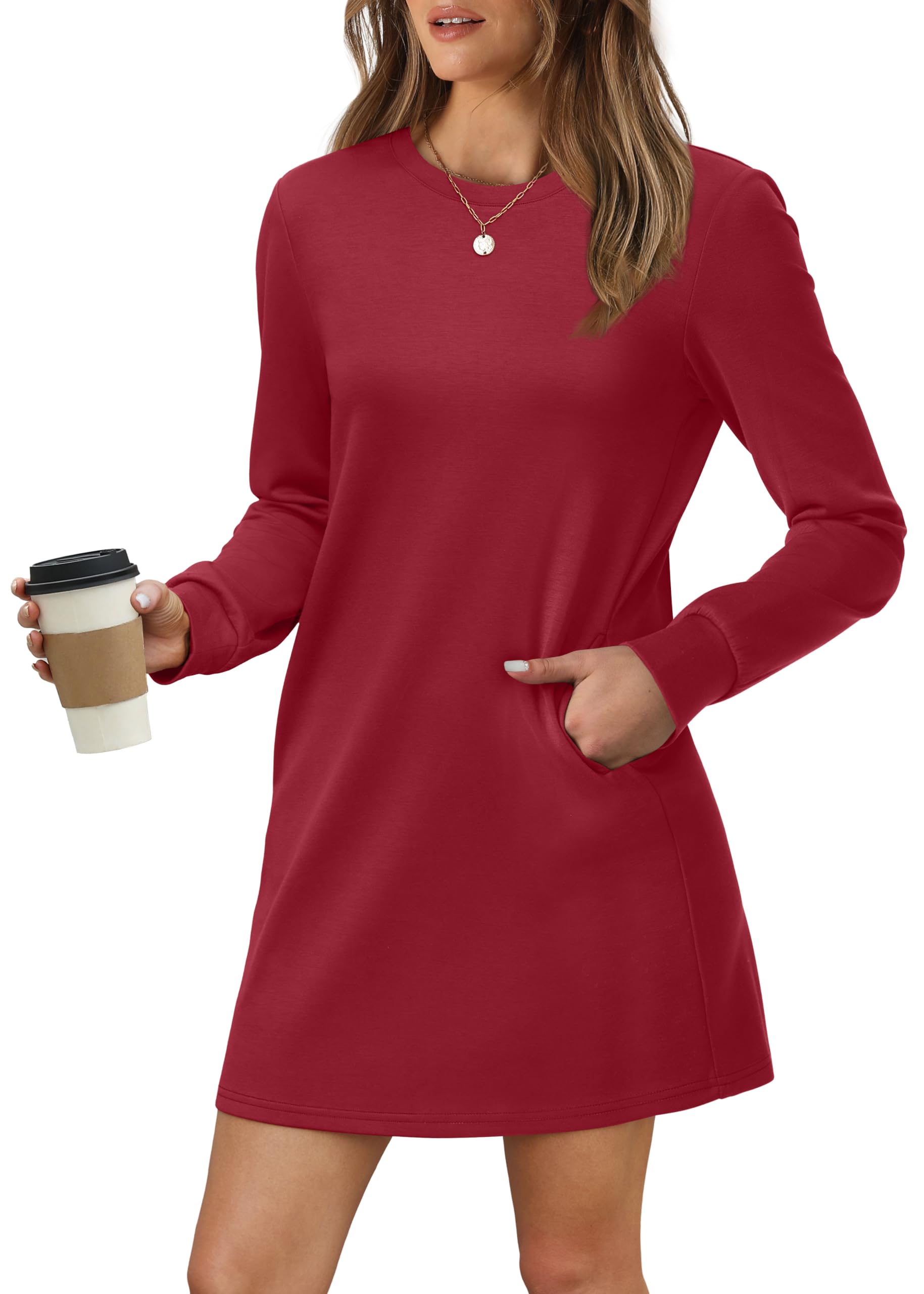 Women Long Sleeve Casual Loose Fit Fall Fashion Crewneck Mini Dress with Pockets