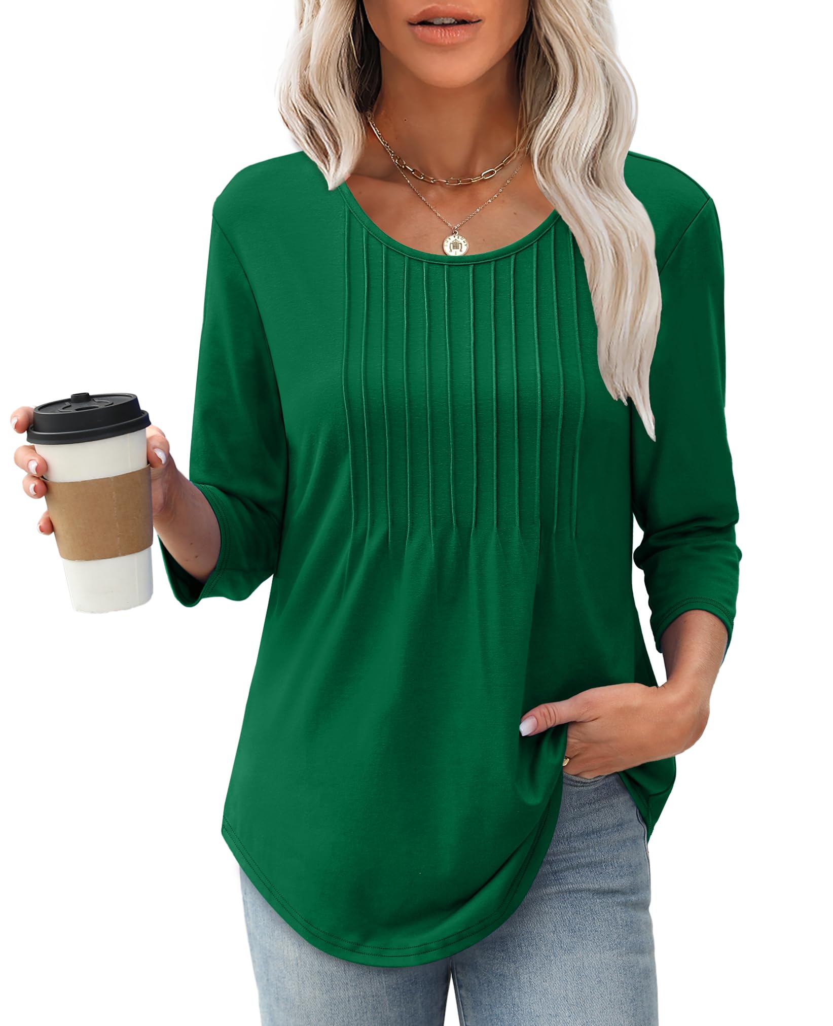 2025 New Women's 3/4 Length Sleeve Crewneck Casual Pleated Tunic Tops(buy 3 free shipping)