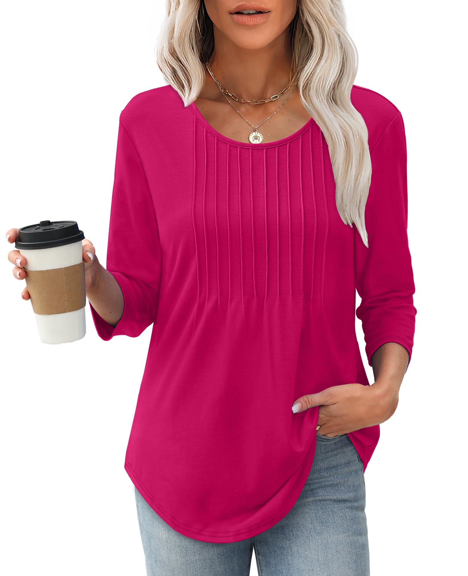 2025 New Women's 3/4 Length Sleeve Crewneck Casual Pleated Tunic Tops(buy 3 free shipping)