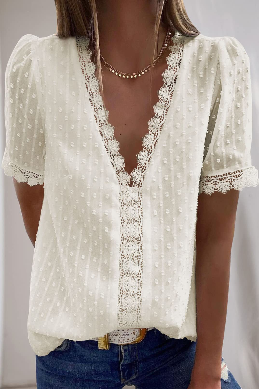 Women's V Neck Lace Crochet Tunic Tops