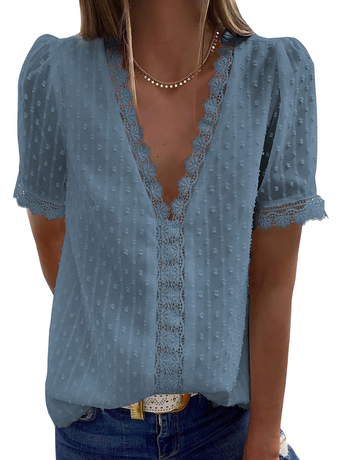 Women's V Neck Lace Crochet Tunic Tops