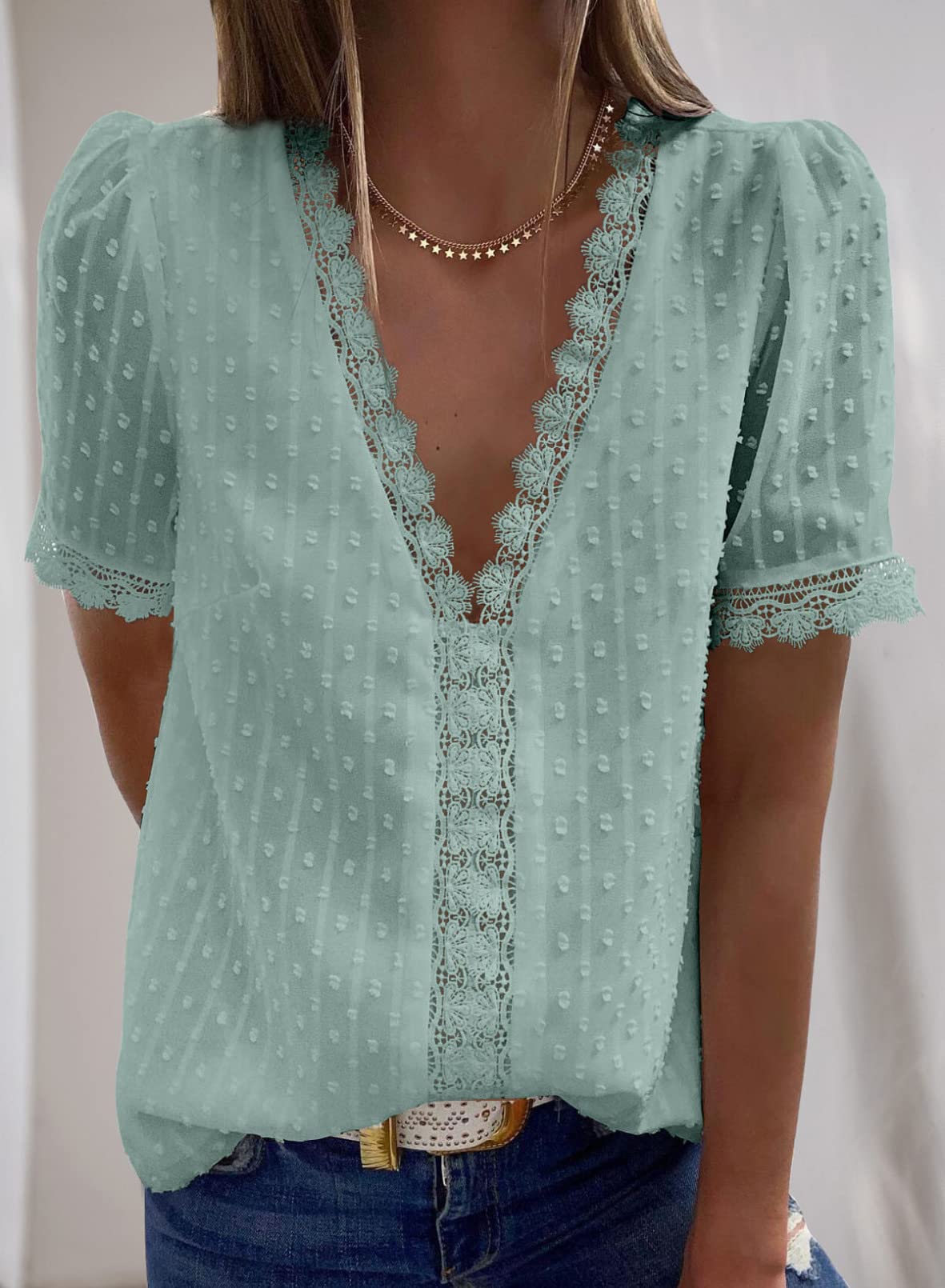 Women's V Neck Lace Crochet Tunic Tops