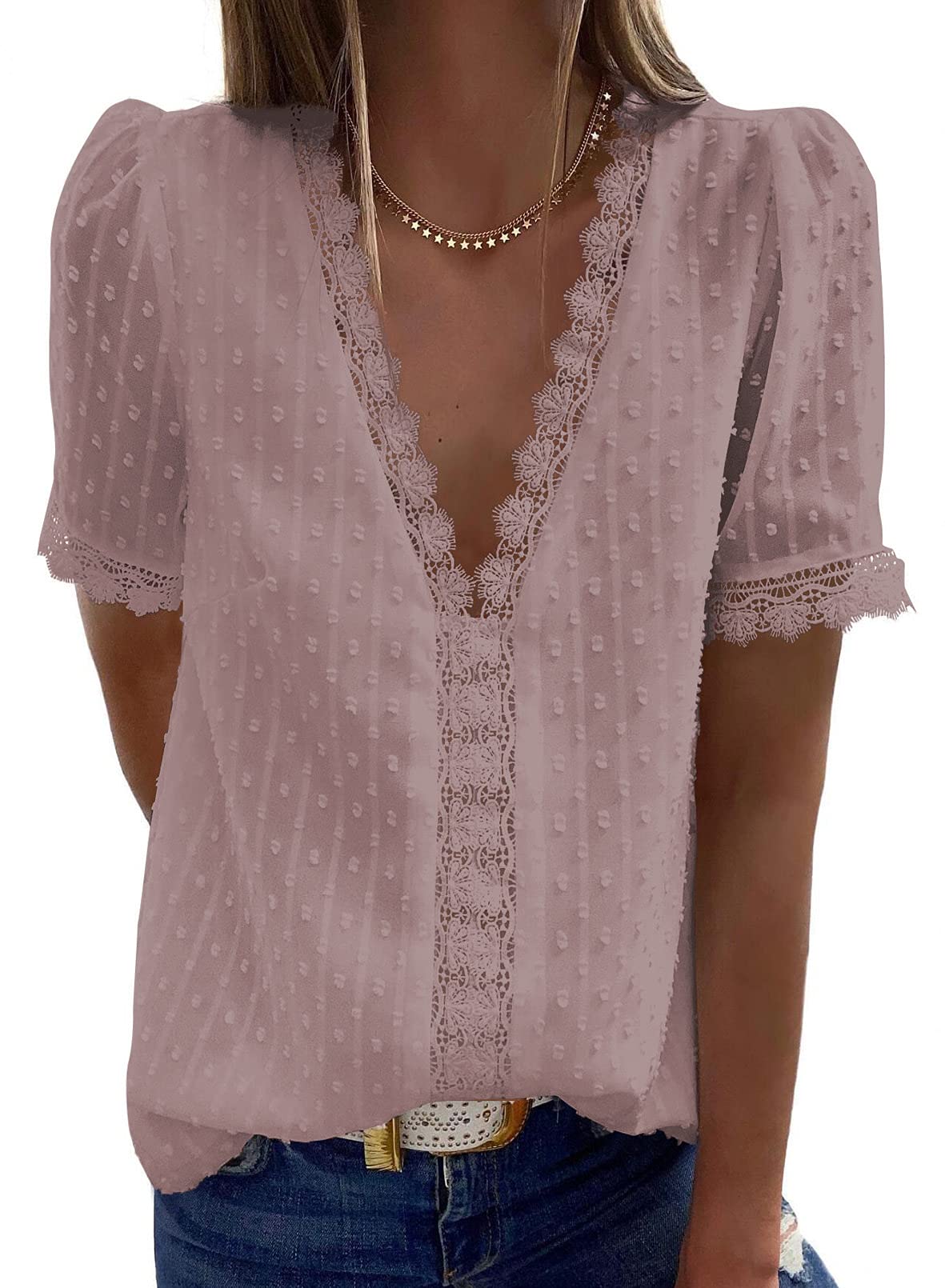 Women's V Neck Lace Crochet Tunic Tops