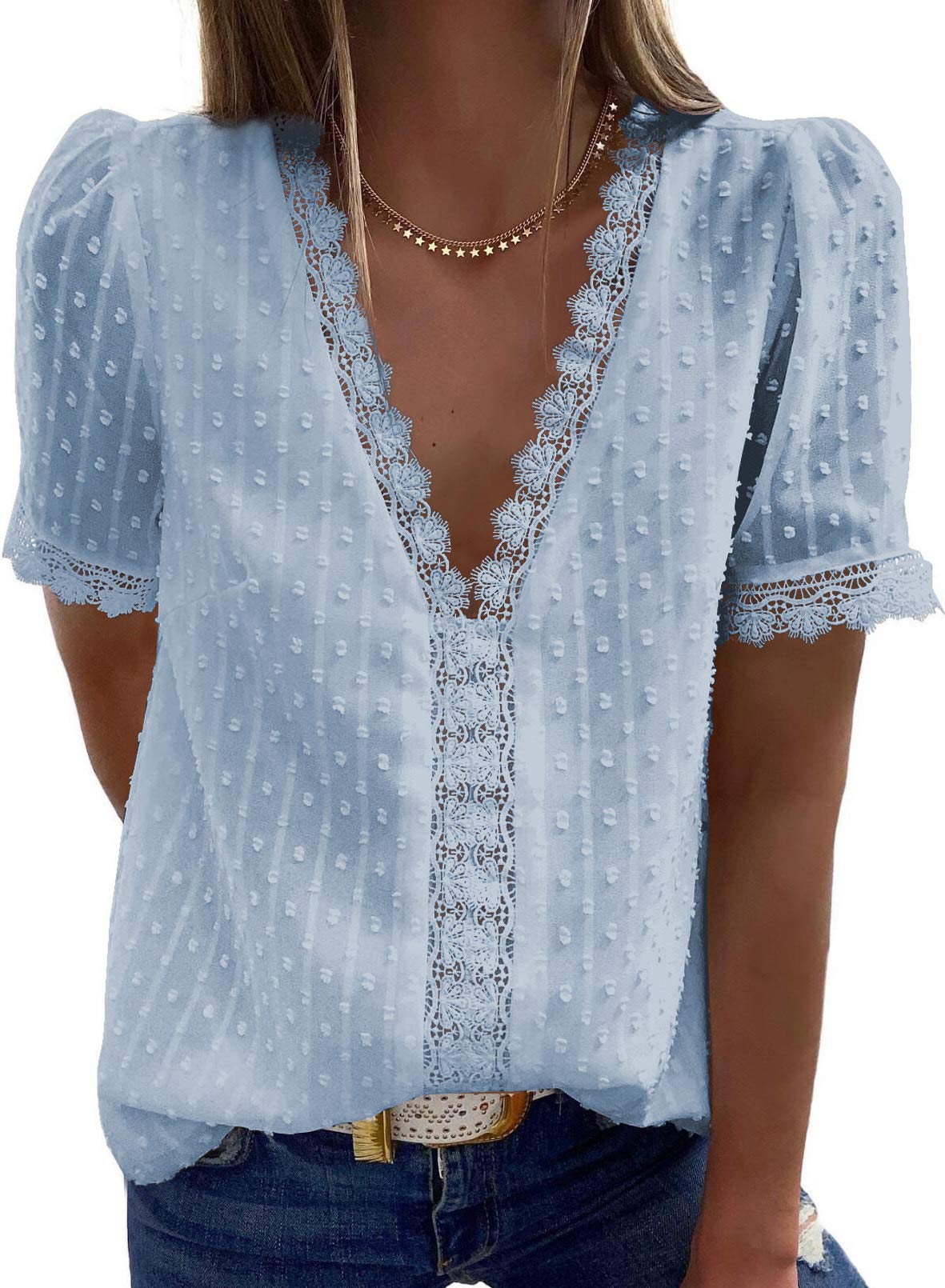 Women's V Neck Lace Crochet Tunic Tops