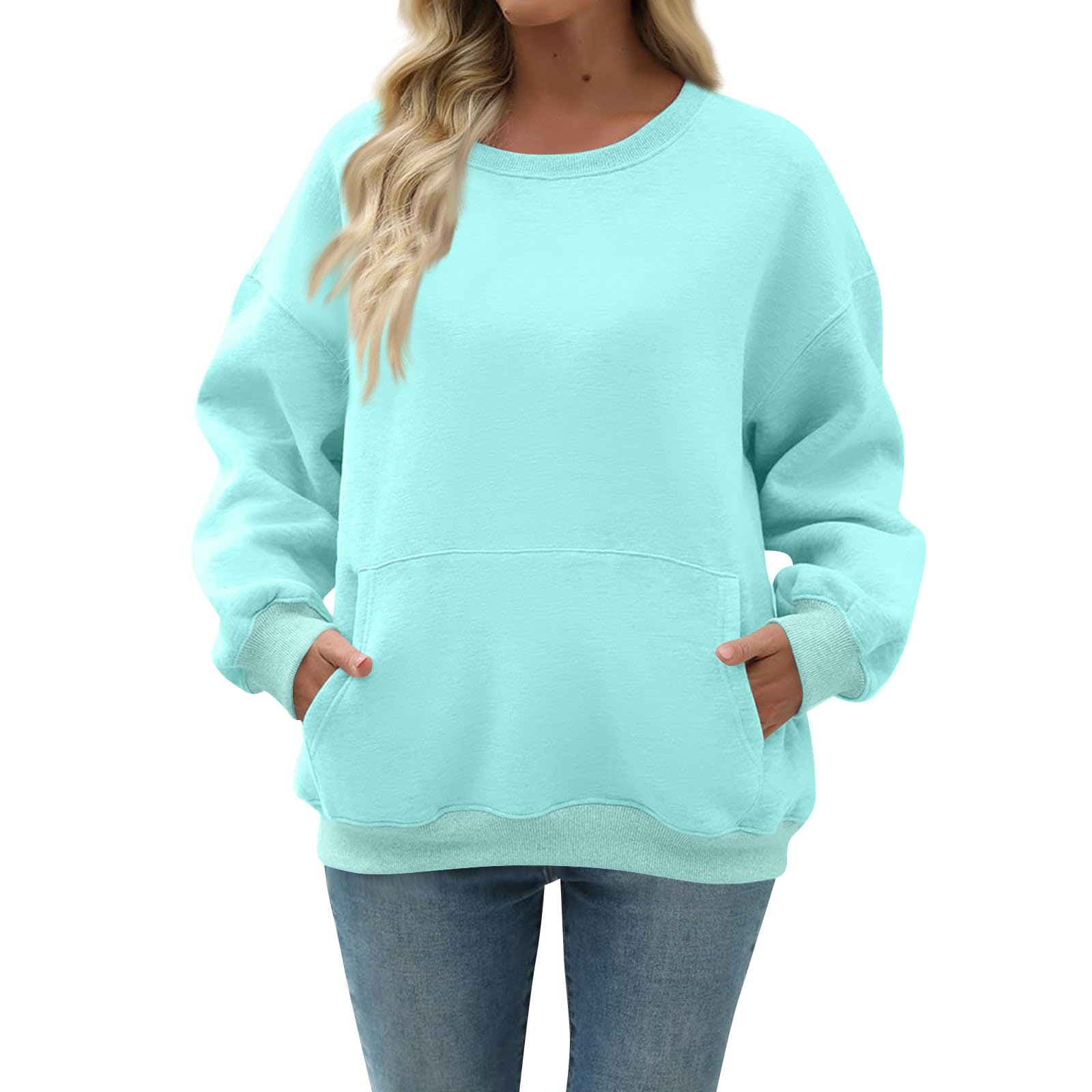 Women Oversized Long Sleeve Crewneck Sweatshirt with Pocket