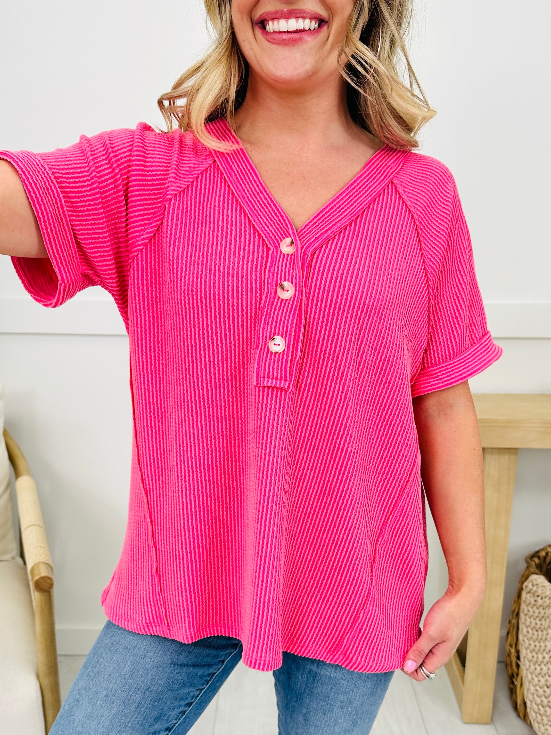 Women's V Neck Ribbed Button Shoort Sleeve Top