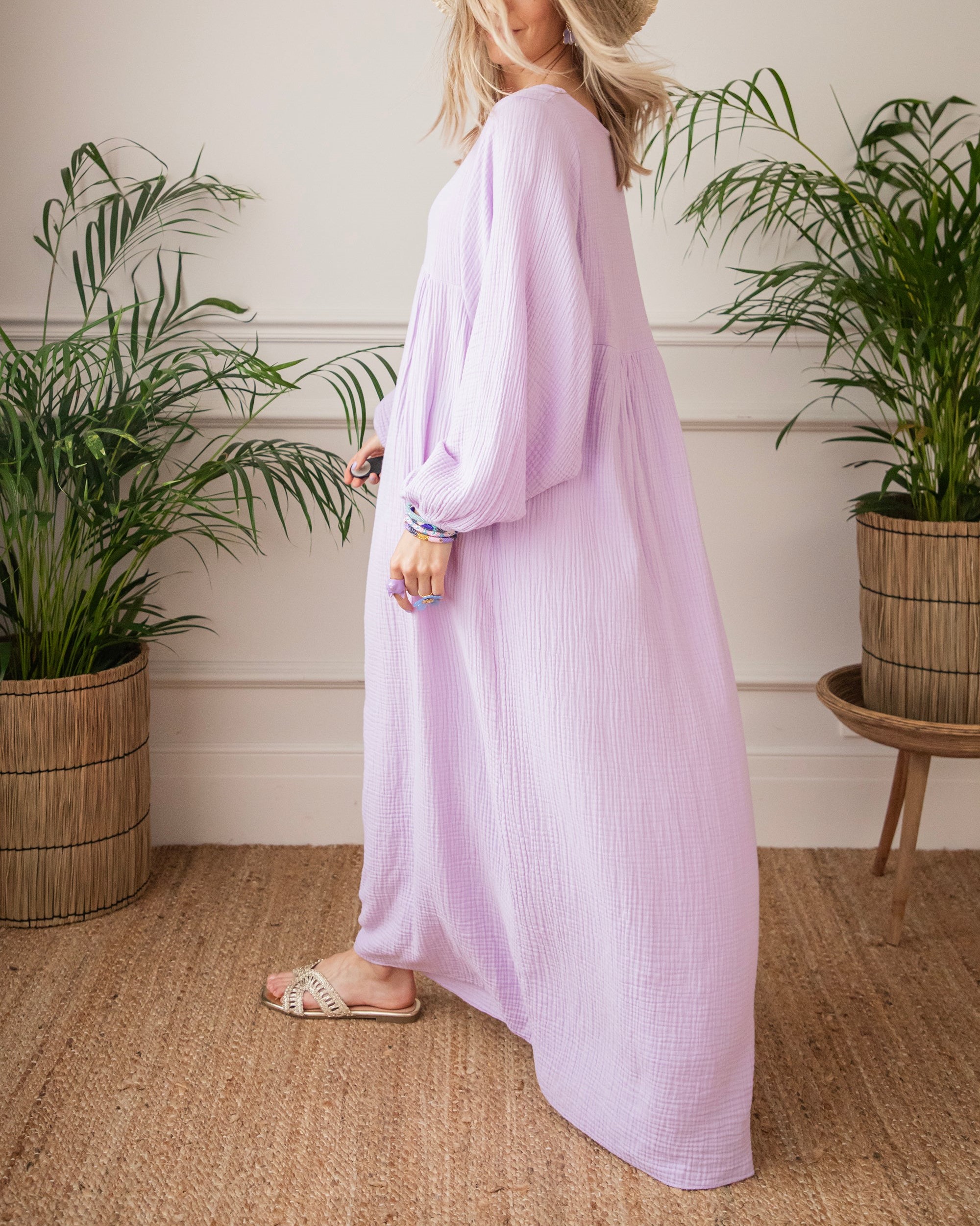 V Neck Puff Long Sleeve Maxi Dress