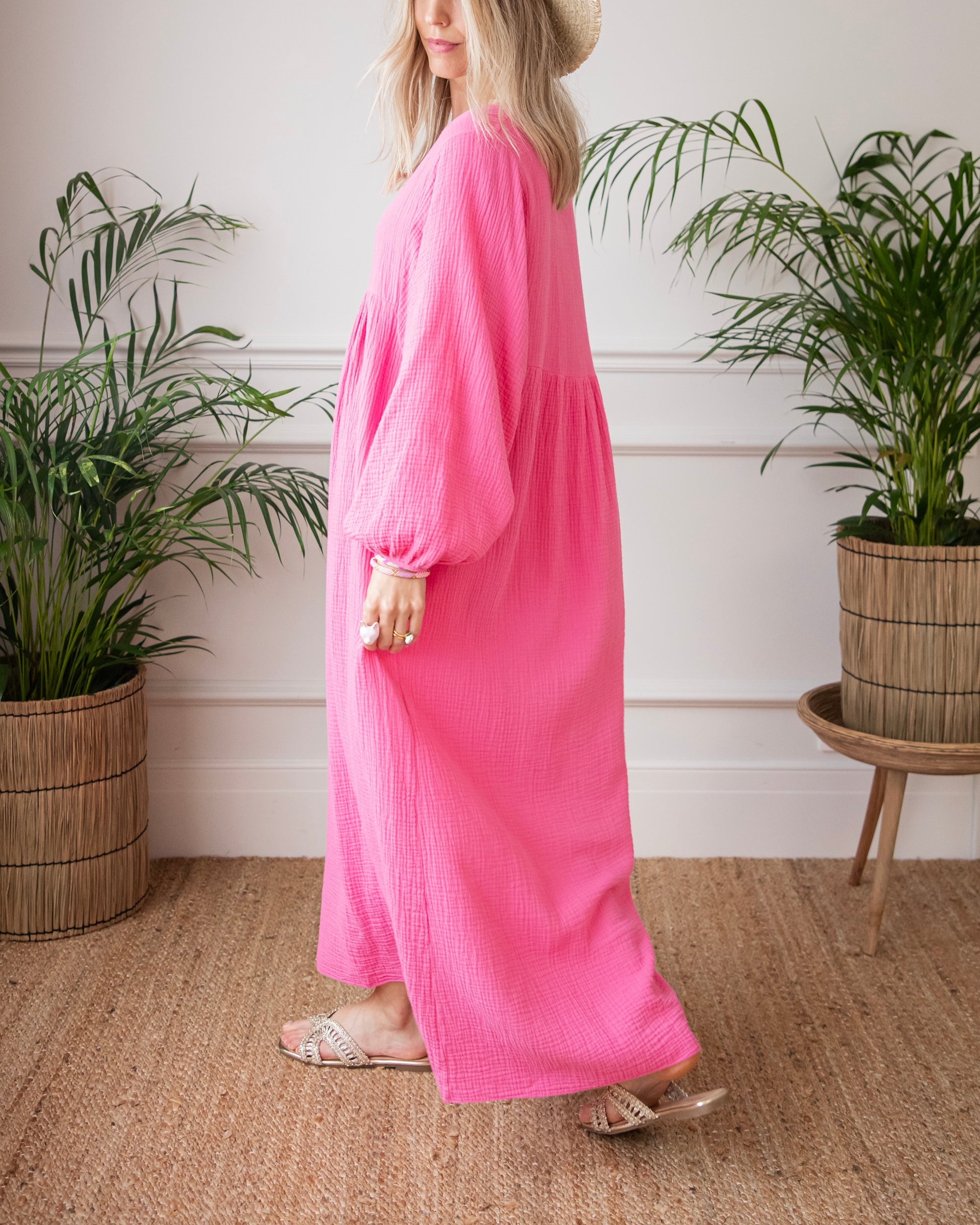 V Neck Puff Long Sleeve Maxi Dress